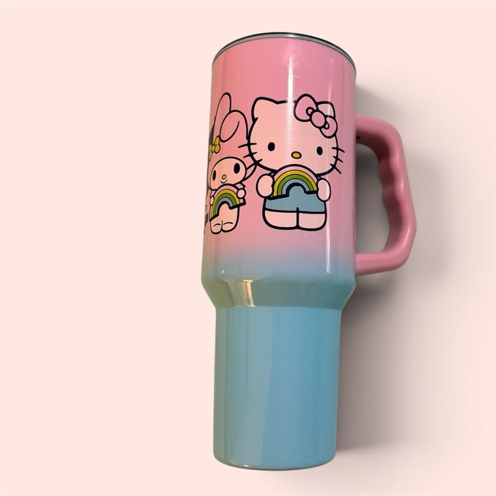 NEW Hello Kitty Friends Silver Buffalo Stainless 40oz Tumbler Pink Handle Straw